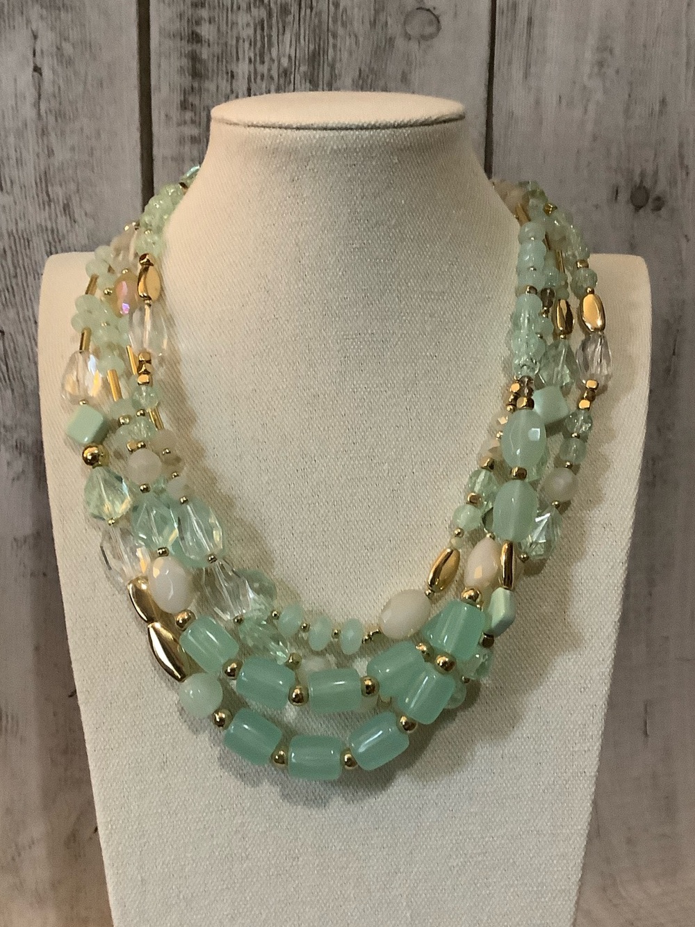 Talbots Mint Green and Gold Multi-Strand Beaded Necklace